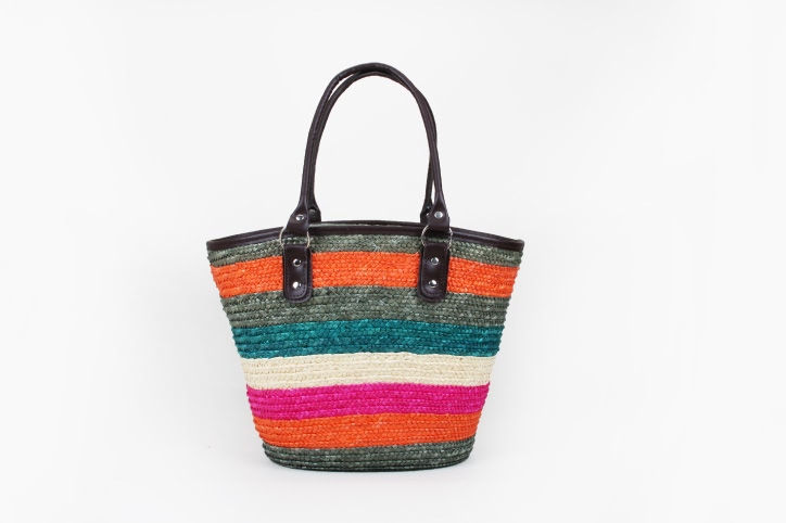 Dyed Paper Straw Bag with Leather Trim and Handle