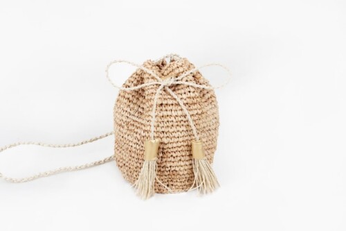 Straw Raffia Bucket Bag with Woven Paper Shoulder Strap