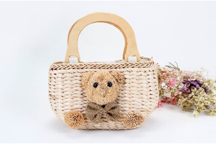 Straw Corn Husk Basket with Woven Paper Bear and Wood Handle