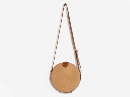 Round Raffia Straw Bag with Leather Body Strap