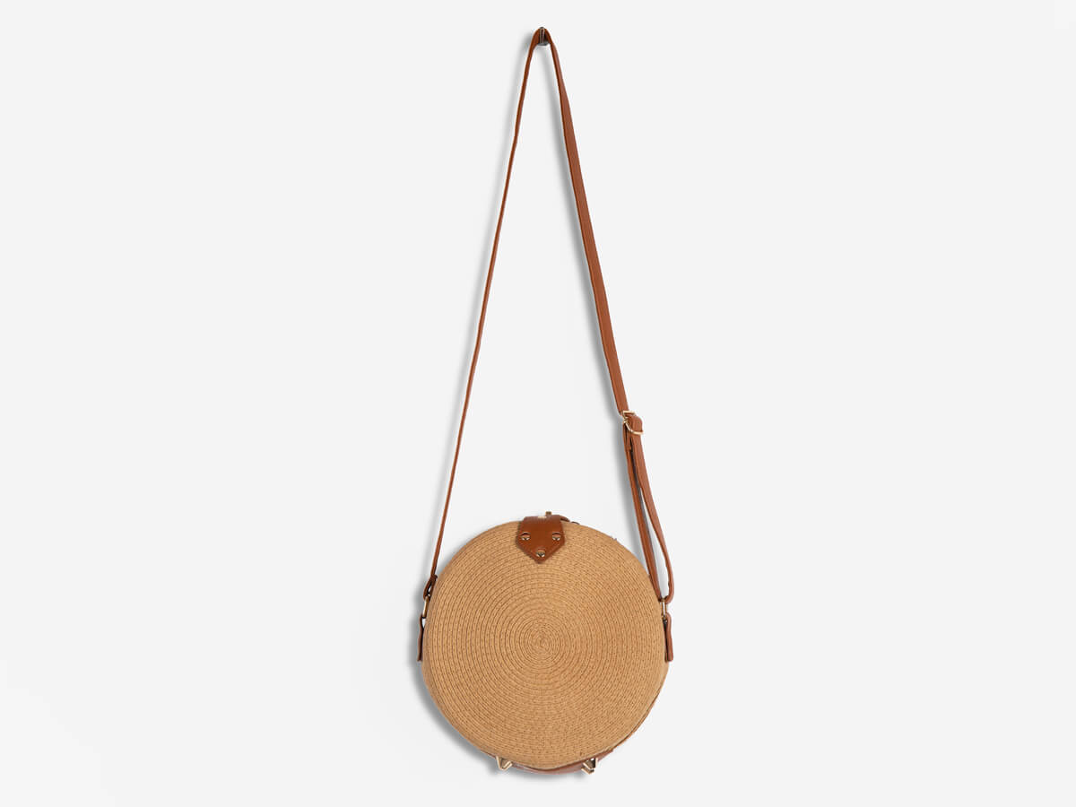 Round Paper Straw Shoulder Bag with Twist Turn Lock Closure