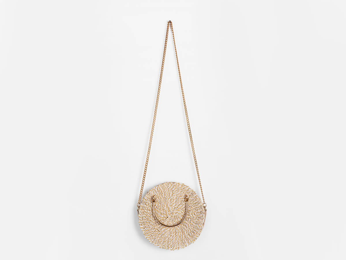 Round Paper Straw Bag with Chain Shoulder Strap