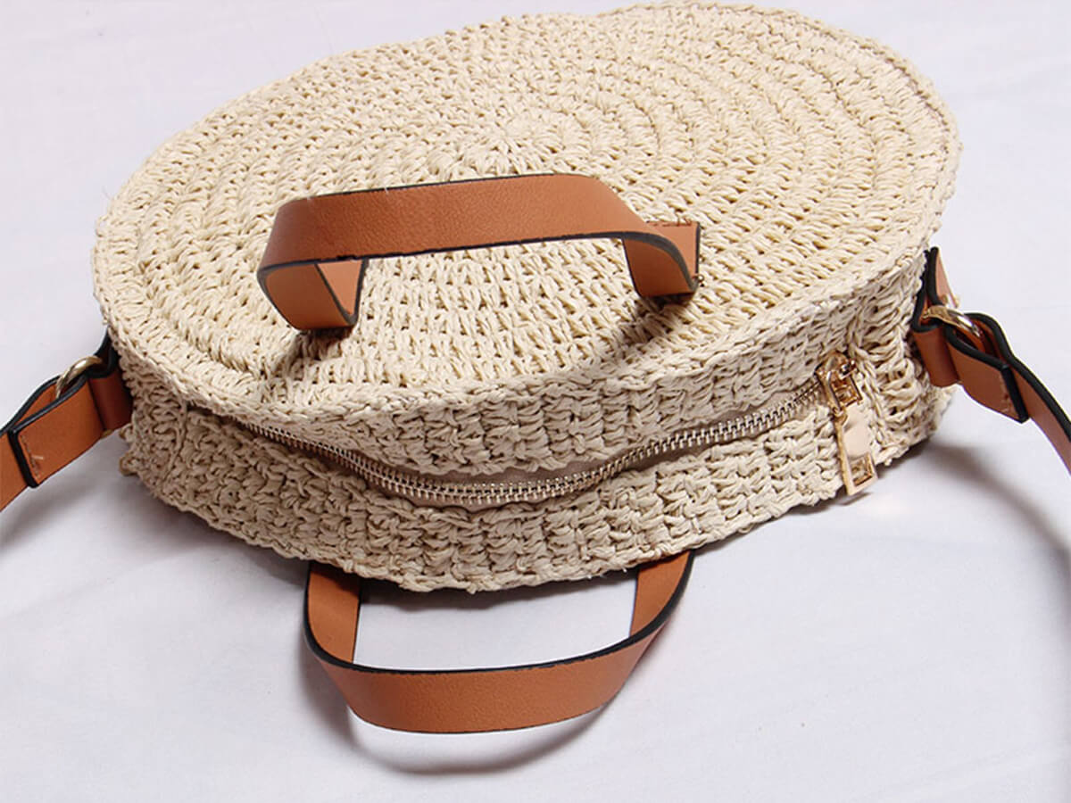 Round Paper Straw Bag with Leather Shoulder and Handle