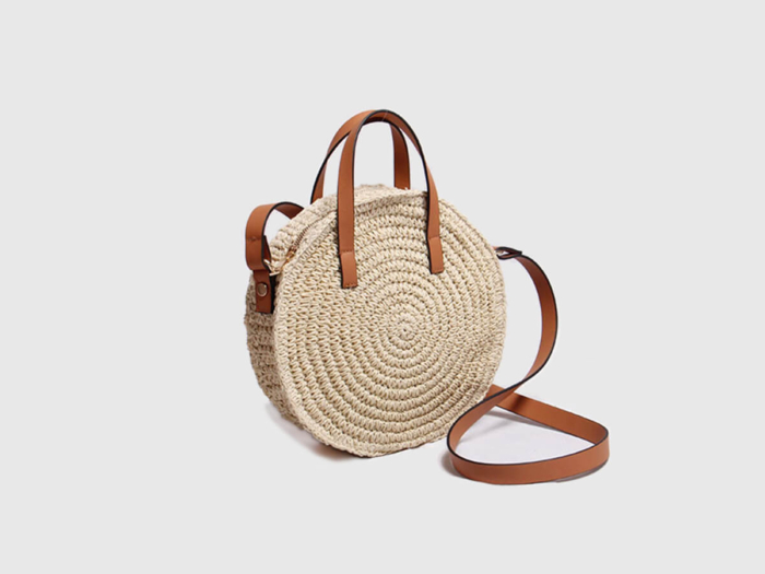 Round Paper Straw Bag with Leather Shoulder and Handle