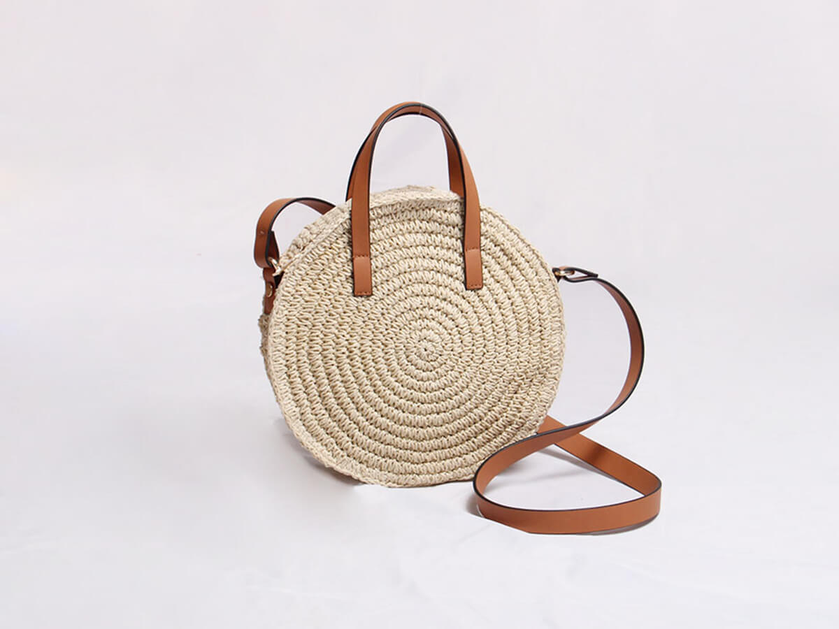 Round Paper Straw Bag with Leather Shoulder and Handle