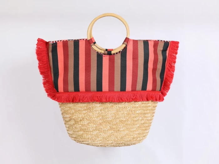 Wheat Straw Beach Bag with Printed Striped & Round Handle