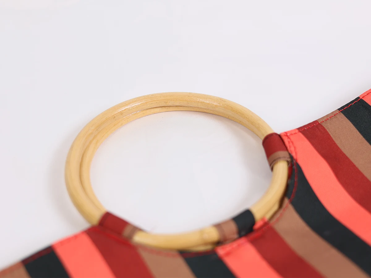 Wheat Straw Bag Top Half Printed Striped & Round Handle