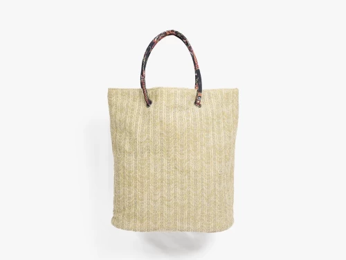Woven Straw Bag with Printed Handle & Snap Button Closure