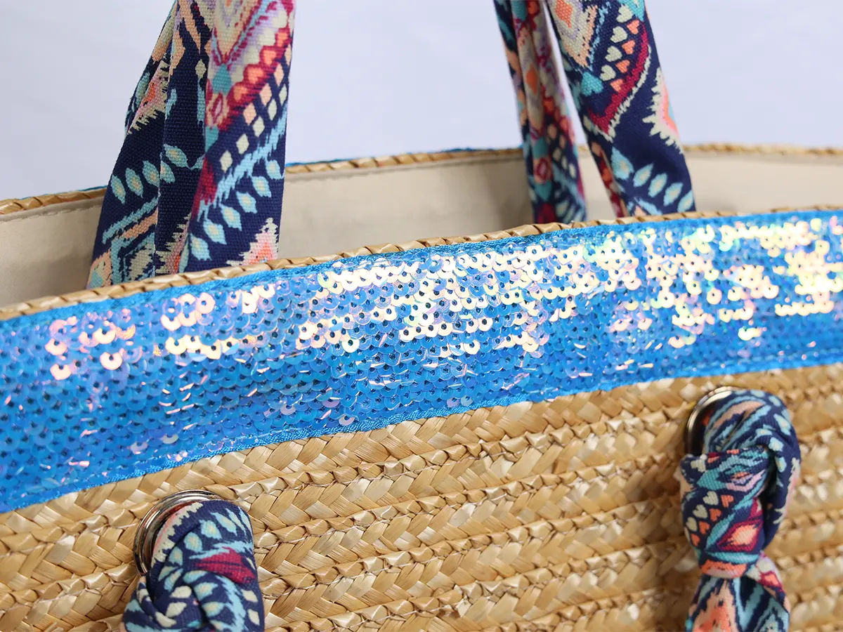 Wheat Straw Beach Bag with Cotton Handle & Sky Blue Sequins