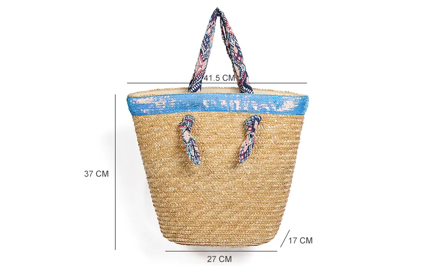 Wheat Straw Beach with Cotton Handle & Sky Blue Sequins Size