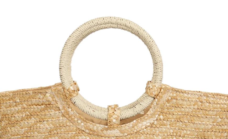 Wheat Straw Bag Bamboo Round Handle with Paper Straw