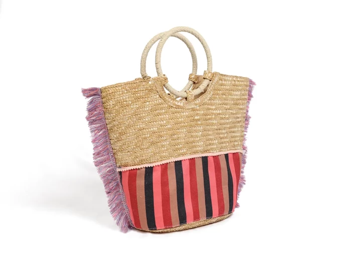 Wheat Straw Bag Bottom Half Printed Striped & Pink Tassel