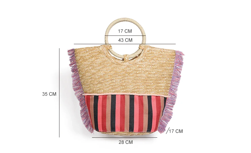 Wheat Straw Bag Bottom Half Printed Striped & Pink Tassel Size