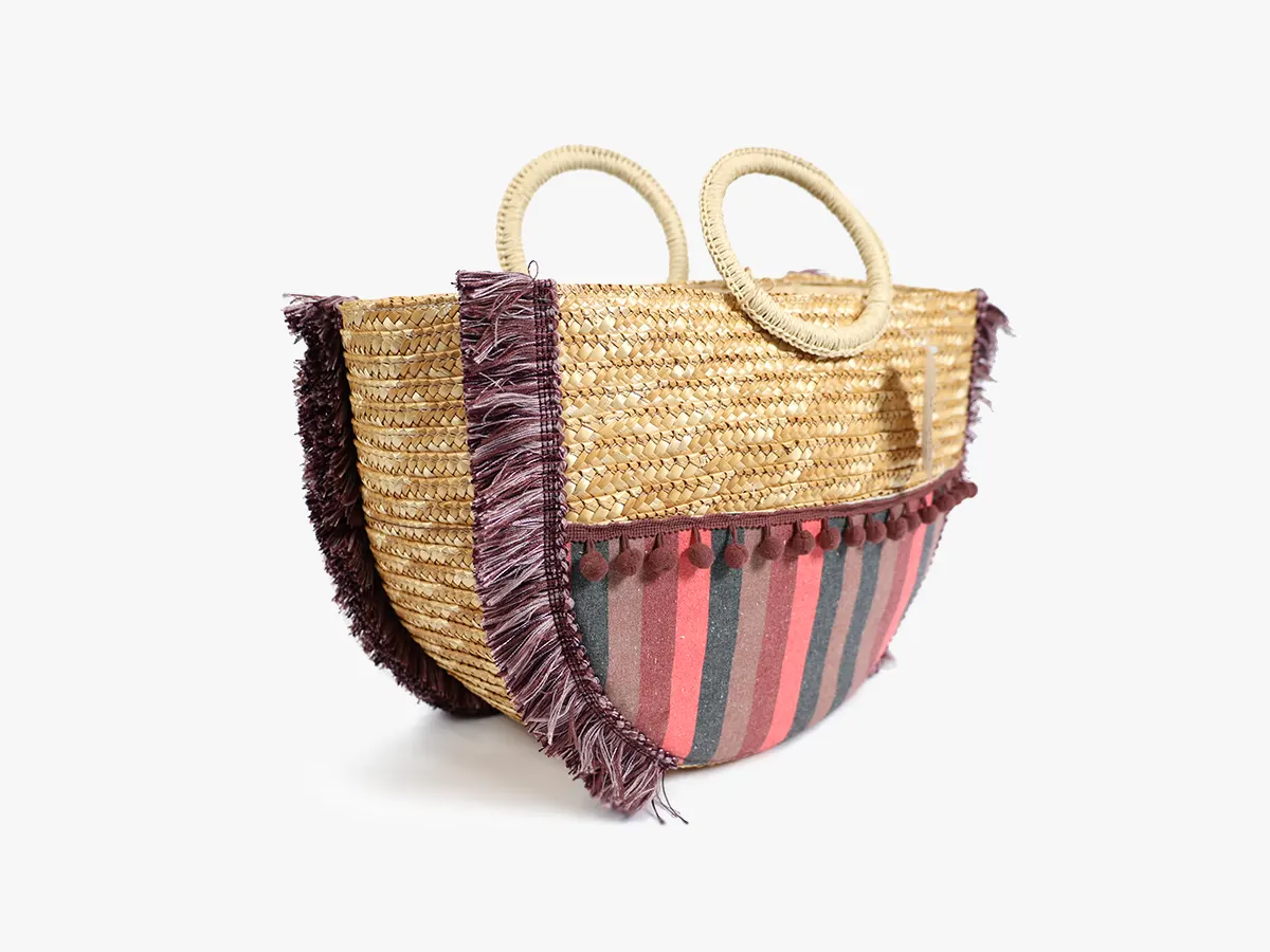Wheat Straw Beach Bag with Round Handle & Tassel Decoration