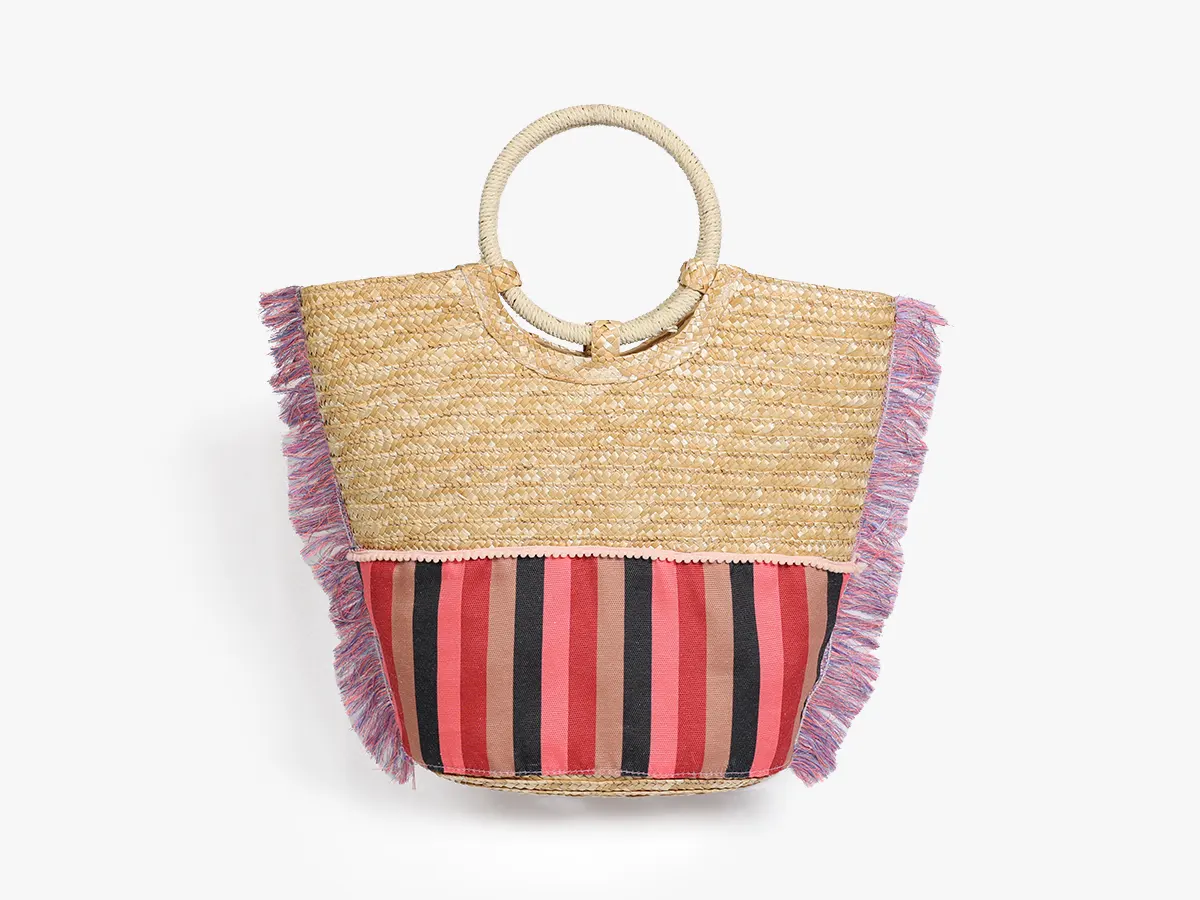 Wheat Straw Bag Bottom Half Printed Striped & Pink Tassel