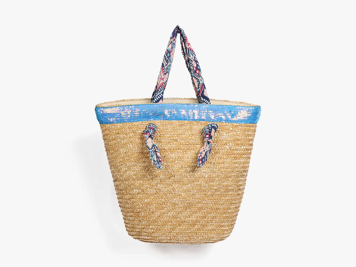 Wheat Straw Beach with Cotton Handle & Sky Blue Sequins