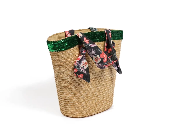 Wheat Straw Beach Bag with Cotton Handle & Grass Green Sequins