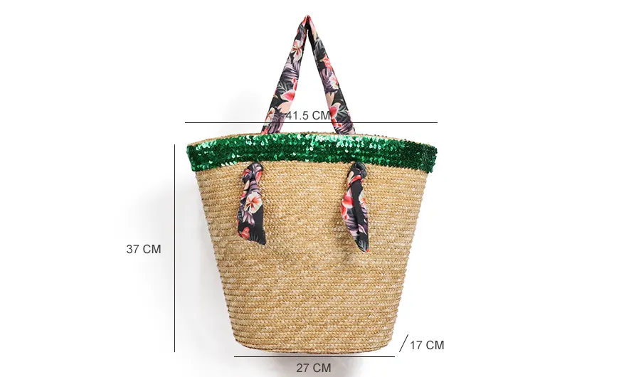 Wheat Straw Beach Bag with Cotton Handle & Grass Green Sequins Size