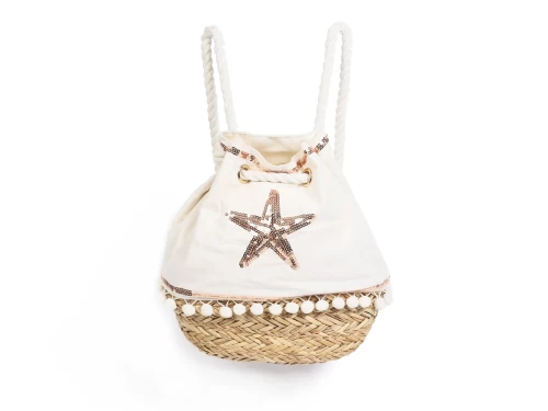 Water Grass Straw Drawstring Backpack with Sequins & Ball Tassels