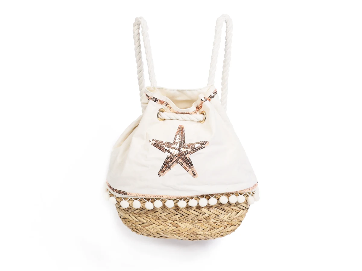 Water Grass Straw Drawstring Backpack with Sequins & Ball Tassels