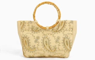 Embroider Bead Piece Paper Straw Bag with Bamboo Handle