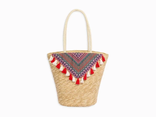 Wheat Straw Beach Bag with Plush Cotton Tassels