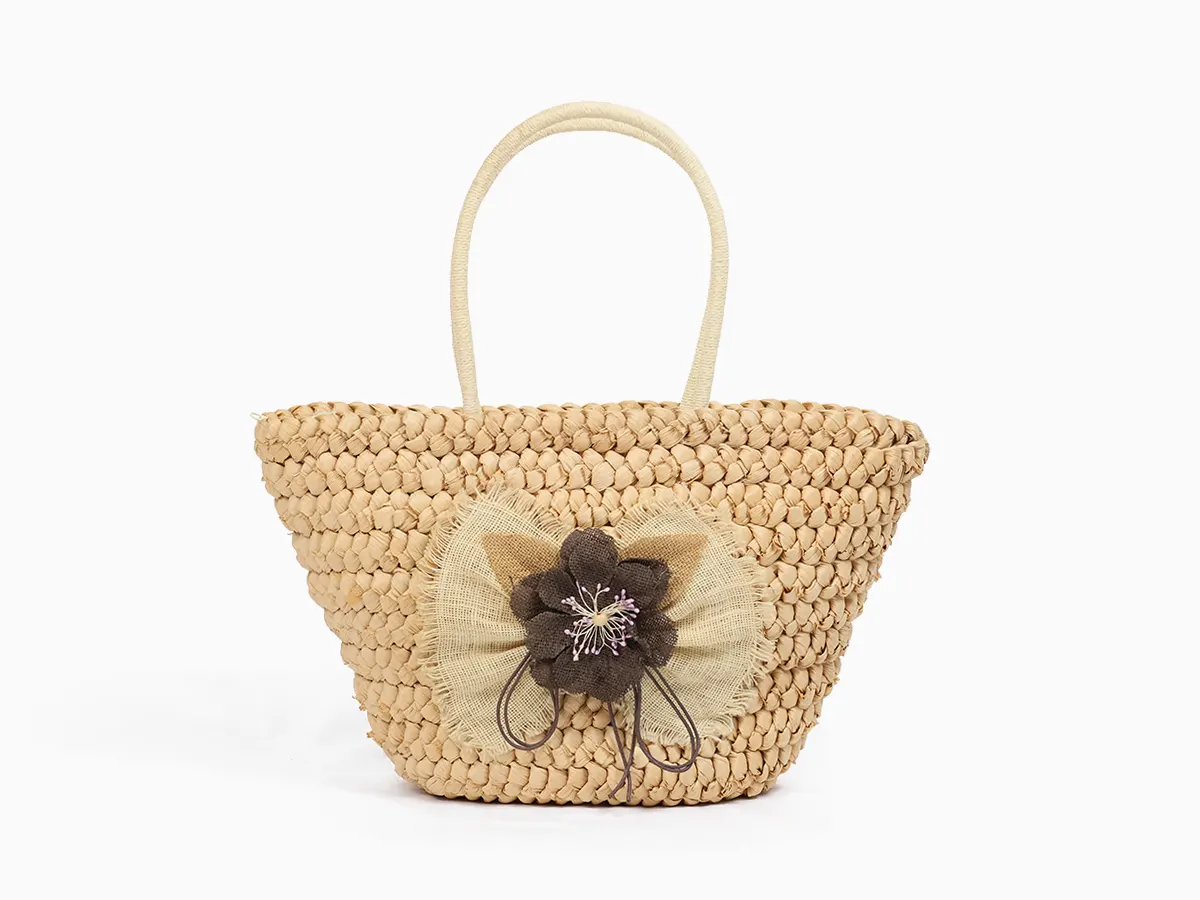 Straw Corn Husk Tote Bag with Jute Flower Decoration