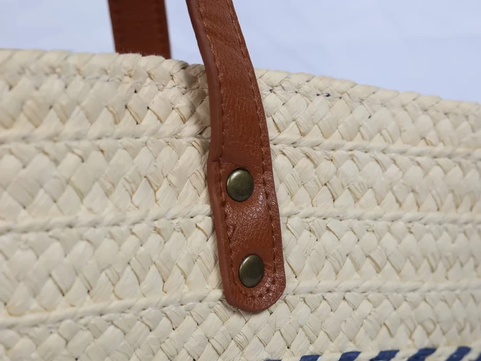 Paper Straw Beach Tote Bag PU Leather Handle