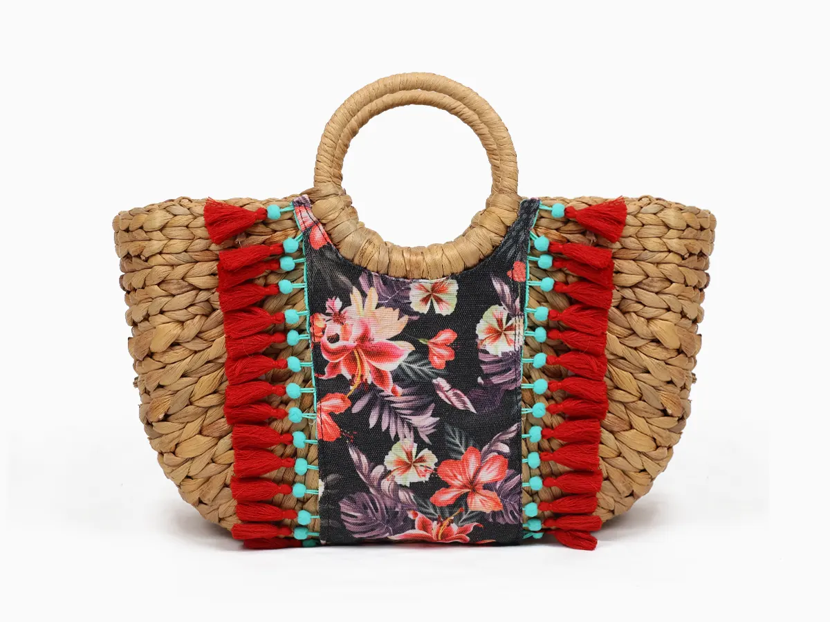 Straw Corn Husk Basket with Red Tassel & Printed Fabric