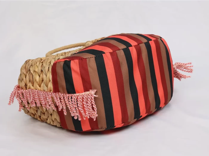Straw Corn Husk Basket Printed Stripes Cotton Cover Bottom Detail
