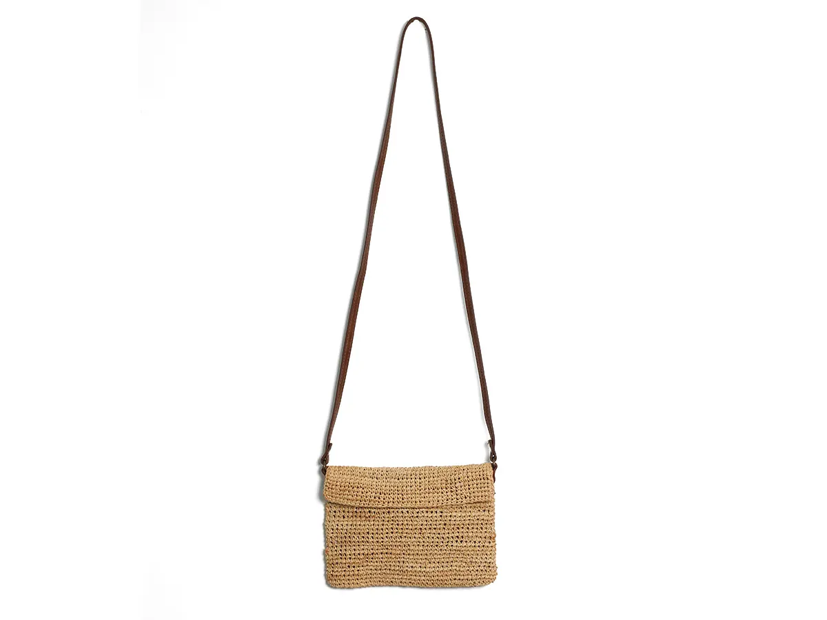 Straw Raffia Pouch with Leather Shoulder Strap