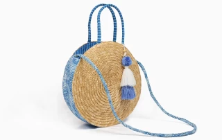 Round Wheat Straw Beach Bag with Cotton Side & Shoulder Strap