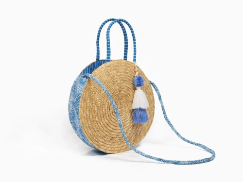 Round Wheat Straw Beach Bag with Cotton Side & Shoulder Strap