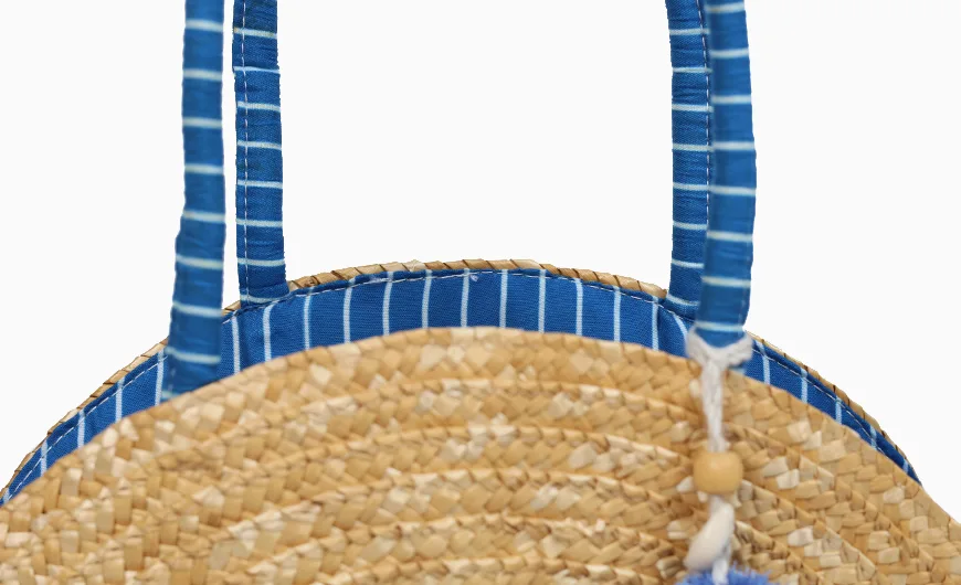Round Wheat Straw Beach Bag Handle Sewing
