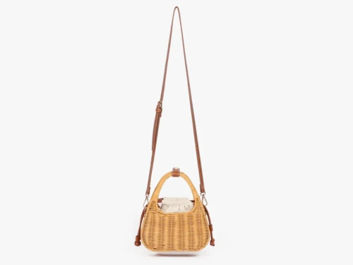 Rattan Hobo Bag with Cotton Drawstring & Leather Shoulder Strap