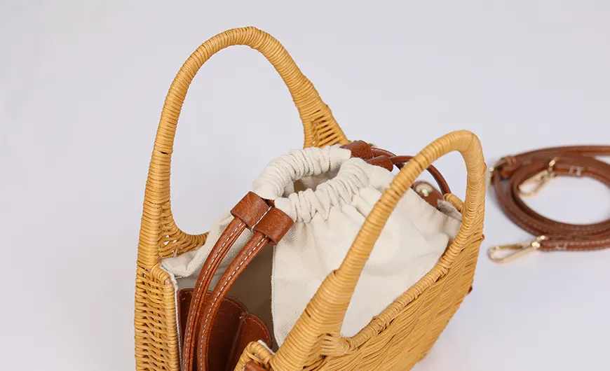 Rattan Hobo Bag with Drawstring of Leather