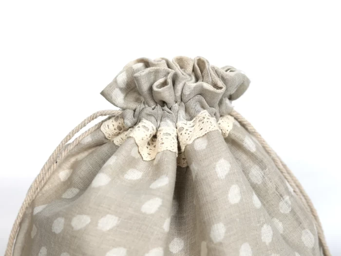 Beige Cotton Linen Drawstring Bag Close Detail