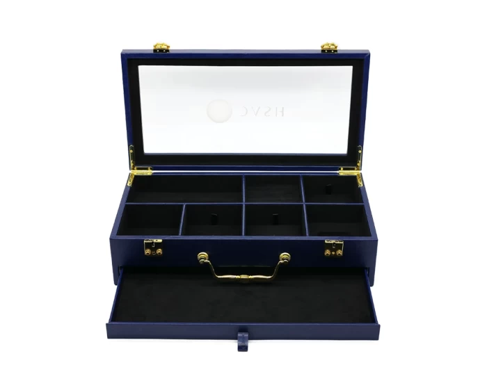 Small Luxury Blue Leather Box with Black Suede for Accessories