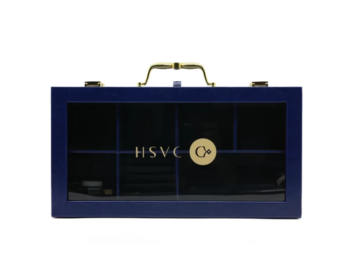 Small Luxury Blue Leather Box with Black Suede Display