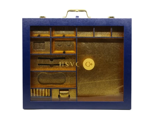 Large Luxury Blue Leather Box with Golden Suede for Accessories
