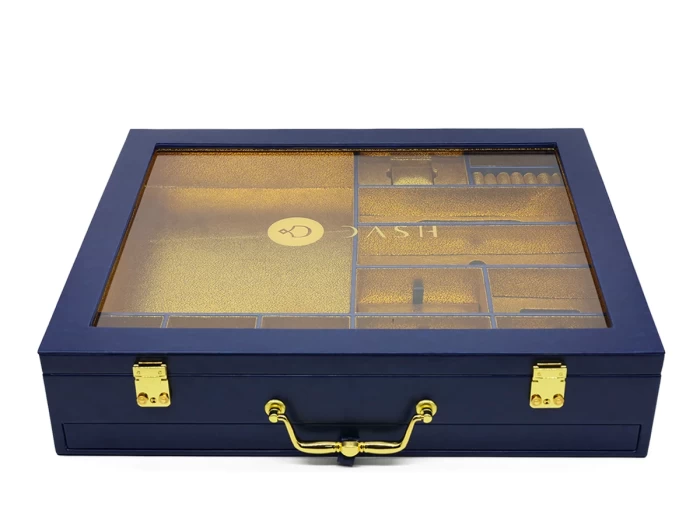 Large Luxury Blue Leather Box with Transparent Acrylic Window Print Logo