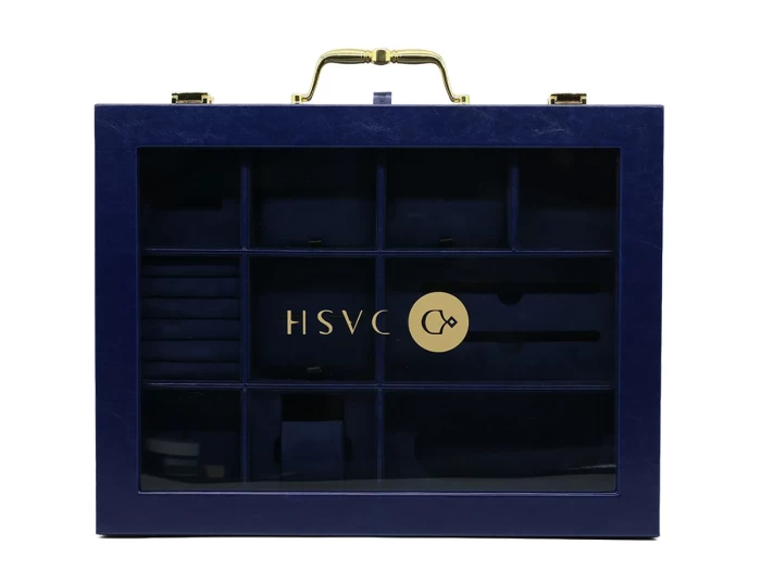 Medium Luxury Blue Leather Box with Blue Suede for Accessories