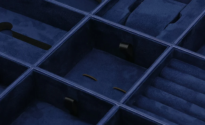 Medium Luxury Blue Leather Box Suede Lining Detail