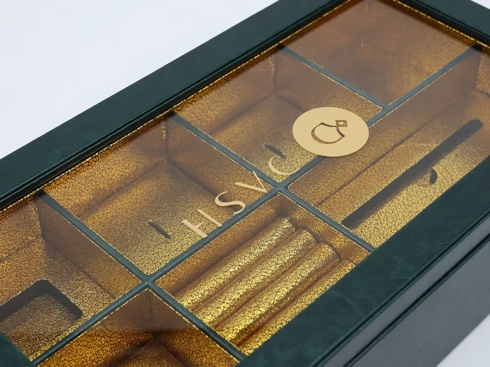 Small Luxury Viridian Leather Box Acrylic Window with Print Logo