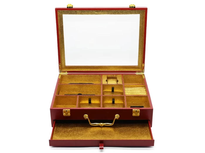 Medium Luxury Red Leather Box with Golden Suede for Accessories