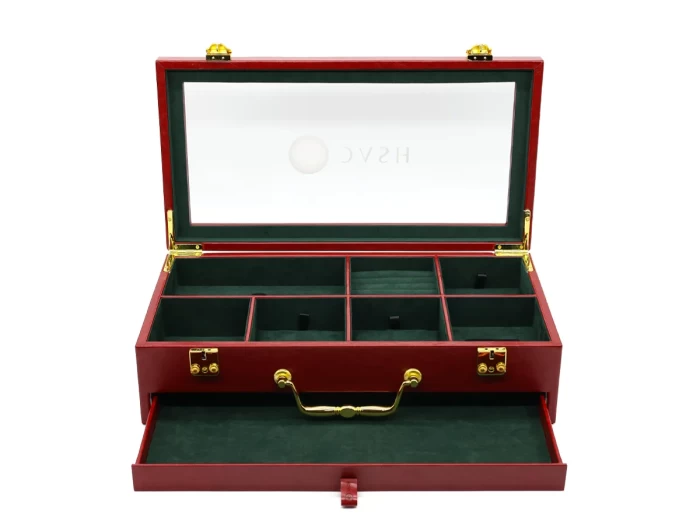 Small Luxury Red Leather Box with Green Suede for Accessories