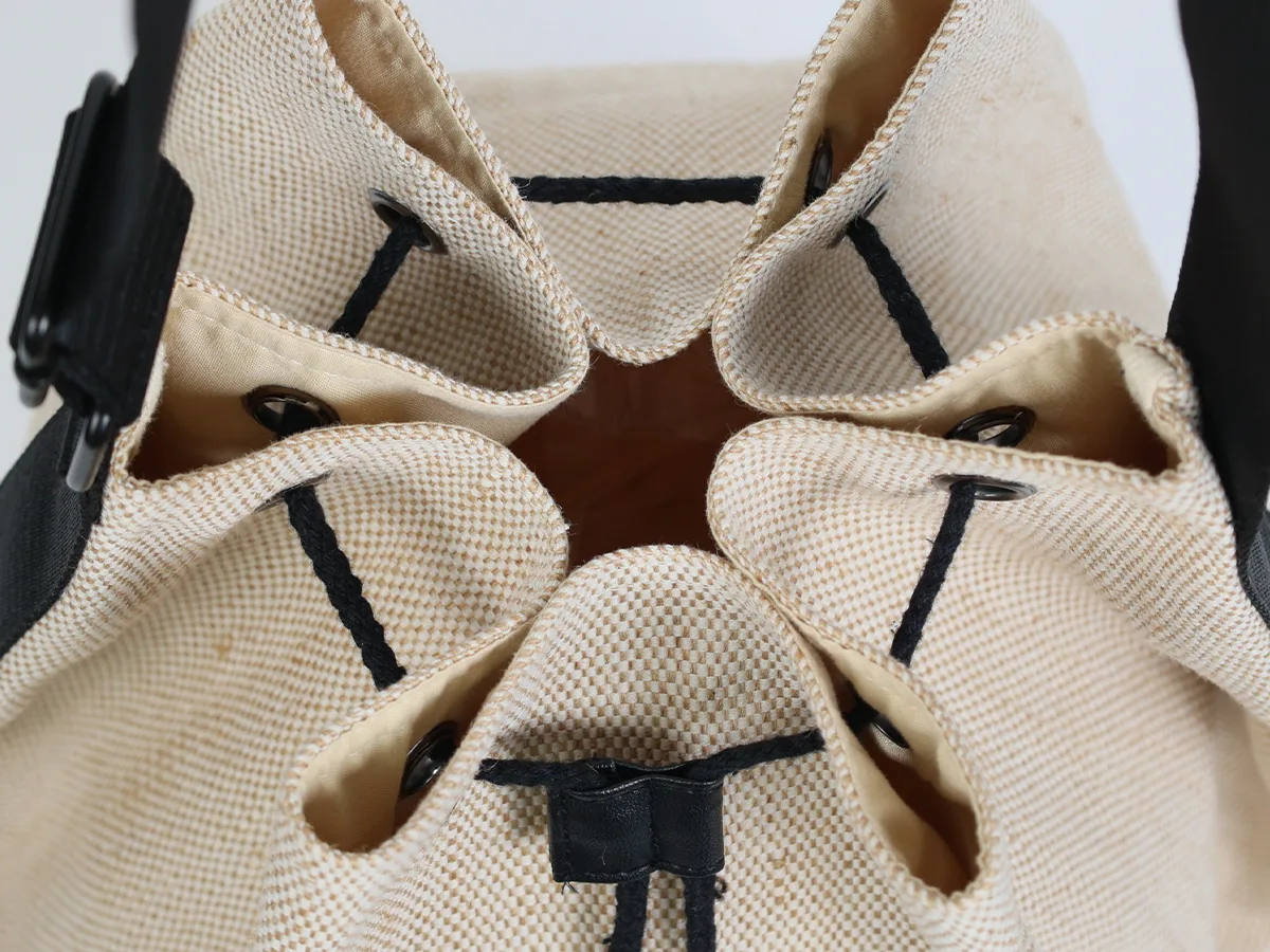 Cotton and Linen Interwoven Shoulder Bucket Bag Drawstring